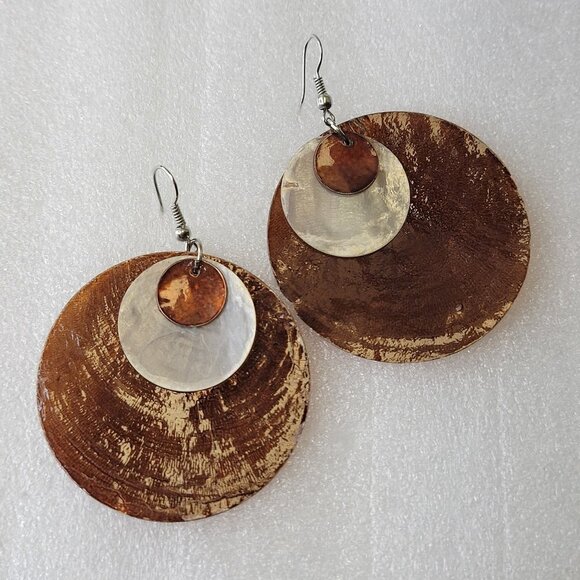 Shell Discs Metallic Copper Color Earrings Dangle Beach Boho Tribal Tropical - Picture 1 of 11